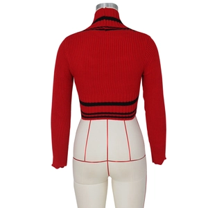 Macro detail of red knit sweater back view featuring high neck with black stripes