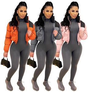 Short cropped puffer jackets for women in three different colorblock fashion styles
