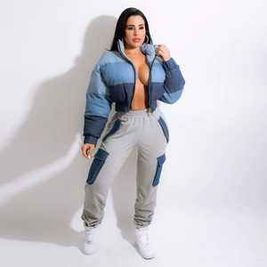 Women Color Block Patchwork Denim Padded Jacket And Cargo Pants Outfits Casual Long Sleeve Stand Collar Jacket Trousers Outfits