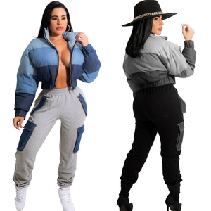 Women's two-piece patchwork puffer jacket and cargo pants set in casual color-block style