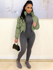 Damen Cropped Puffer Jacke Stehkragen Winter Warm Gesteppter Brotmantel Baumwolle Wattiert Metallic Kurz Oberbekleidung