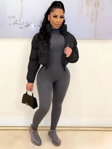 Schwarze Damen-Kurzpufferjacke mit grauem geripptem Body und Stehkragen-Design