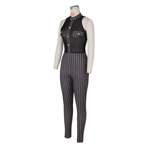 Detail of sheer mesh patchwork and houndstooth pattern on women's sleeveless jumpsuit