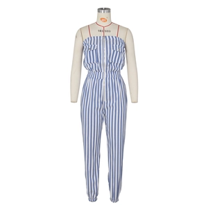 Detailed view of the striped tube top jumpsuit featuring a zipper and elastic waist