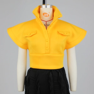 Detail of yellow high-neck vest with structured cap sleeves and front flap pockets