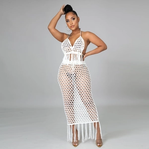 Femmes Sexy Dos Nu Halter Crop Top Et Jupe Ajourée À Glands Cache-Maillot De Plage Tenue En Tricot Bohème