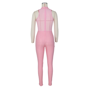 Detail of pink houndstooth jumpsuit featuring sheer mesh back and invisible zipper closure