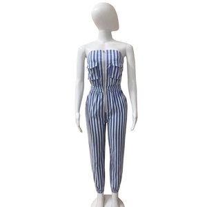 Detail of blue and white vertical striped tube jumpsuit with front zipper and flap pockets