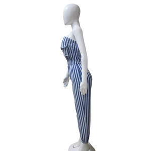 Detail of blue striped bandeau jumpsuit showing the chest pockets and elastic waist