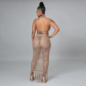 Ensemble de plage tricoté sexy pour femmes avec haut dos nu et jupe à franges