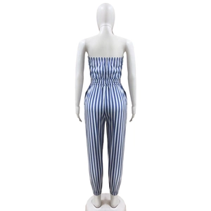 Back view of a striped strapless jumpsuit with elastic waist and cuffed hem detailing
