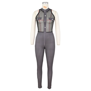 Women's chic houndstooth jumpsuit featuring mesh patchwork and sleek stand collar