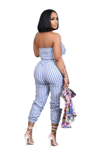 Rear view of striped strapless tube top and trousers set showing back fit and silhouette