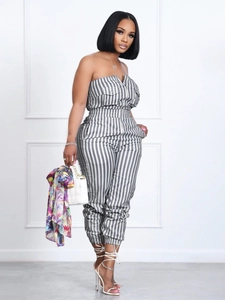 Women's tube top striped jumpsuit with drawstring waist and jogger cuffs in grey and white