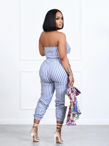 Women summer blue and white striped tube top and matching slim pants fashion set