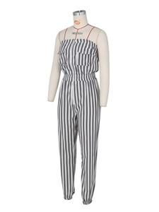 Women striped strapless jumpsuit with zipper front and cargo pockets on white background
