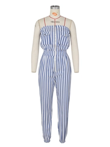 Women's blue and white striped strapless jumpsuit with red straps and front zipper