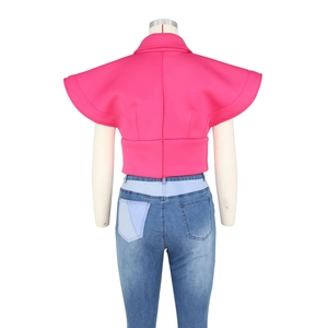 Rear view of pink stand-collar sleeveless top with ruffled cap sleeves and denim jeans