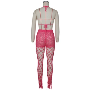 Detailed back view of pink crochet two-piece set featuring mesh net pants with long fringe