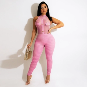 Pink sheer mesh top jumpsuit with houndstooth print pants and gold buttons