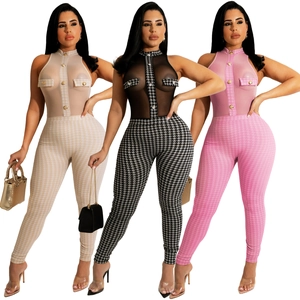 Fashion houndstooth patchwork mesh jumpsuit with sleeveless stand collar in three colors