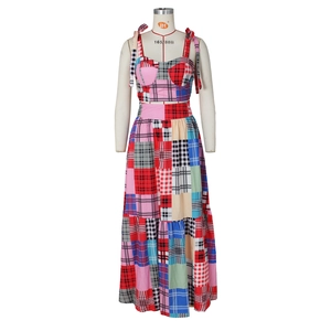 Women's 2-piece summer set with patchwork plaid crop top and tiered maxi skirt