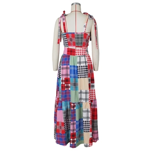 Women's 2-piece plaid patchwork maxi skirt set with bow shoulder straps and open back