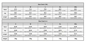 Detailed size chart for women's high waist pleated PU leather shorts from size S to XXL