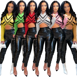 Women V-neck striped knit crop tops shown in multiple colors with long sleeves