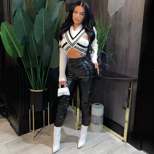 Women's V-neck hollow knit crop top set with high waist faux leather pants