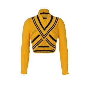 Women's V-neck cropped knit sweater in bright yellow with striped cross collar detail