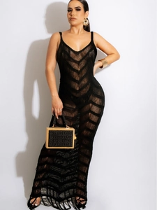 Abito Sexy All'uncinetto da Donna Senza Maniche Scollo a V Motivo Traforato Chevron Frange Maxi Abito da Spiaggia Boho Vacanza