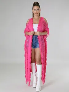 Cardigan Long en Tricot pour Femmes avec Franges Ajouré Déchiré Châle Bohème Ouvert sur le Devant Gilet en Acrylique