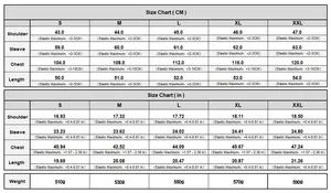 Size chart showing CM and Inches for short cotton jacket with S-XXL measurements