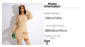 Detail view of beige knit dress with hollow out design and model size information