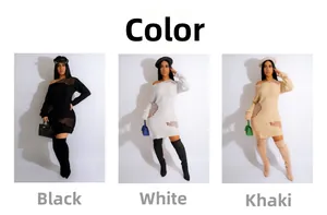 Detailed knit dress showing hollow-out designs in black, white, and khaki colorways