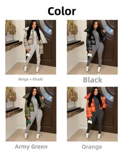 Comparison of women's shiny puffer jackets in beige, black, army green and orange