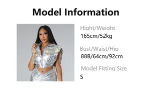 Size guide with model measurements for silver metallic puffer vest with zipper