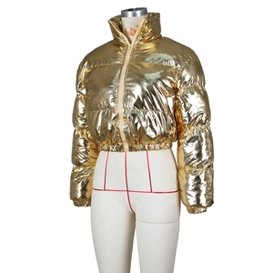 Close-up of metallic gold cropped puffer jacket with high-shine finish and stand collar