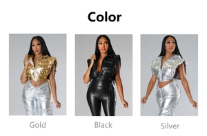 Three cropped puffer vests in shiny gold, black, and silver metallic colors with drawstrings