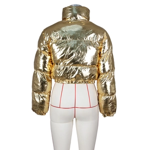 Detailed back view of cropped puffer jacket with metallic gold finish and quilted texture