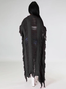 Gilet long noir pour femme avec franges élégantes et design en maille ajourée