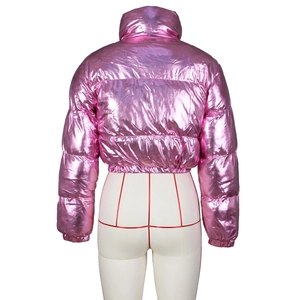 Back view of a glossy metallic pink-purple cropped puffer jacket on a mannequin