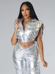 Women Metallic Hooded Padded Vest Liquid Metal Look Crop Puffer Vest Fashion Shiny Sleeveless Jacket Streetwear Outerwear
