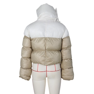 Rear view of a short hooded puffer jacket featuring a white and khaki color-block design
