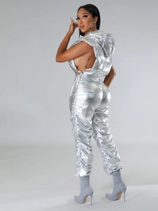 Metallic silver hooded puffer vest and ruched pants set with side lace-up detail