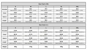 Size chart for faux fur jacket with shoulder, chest, and sleeve measurements in CM and IN