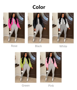 Detailed grid view of cropped faux fur jackets in rose, black, white, green and pink