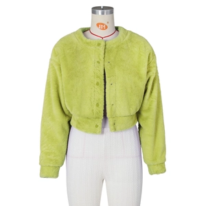 Detail of lime green faux fur jacket showing round neck and single-breasted buttons