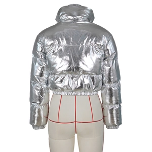Rear view of silver metallic short puffer jacket with horizontal quilting and stand collar